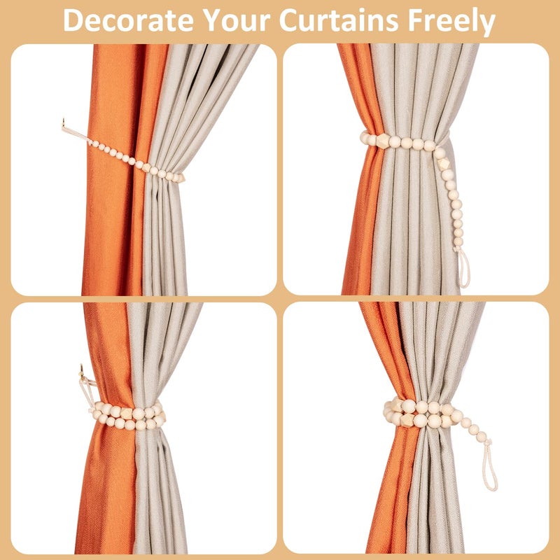 KLOGTSIND Wood Bead Curtain Tiebacks, KLOGTSIND Set of 2 Curtain Holdbacks for Thin or Thick Window Draperies, Boho Farmhouse Curtain Tiebacks with Hooks, Curtain Tie Backs for Home Office Room Decor - Image 3